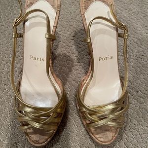 Louboutin cork heel 4 inches, with gold straps, 37